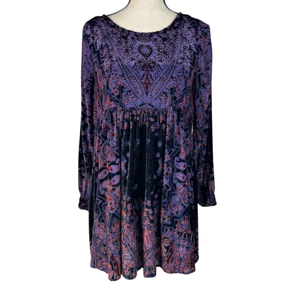 Free People Small Mirror Mirror Velvet Mini Dress Babydoll Lined Long Sleeve